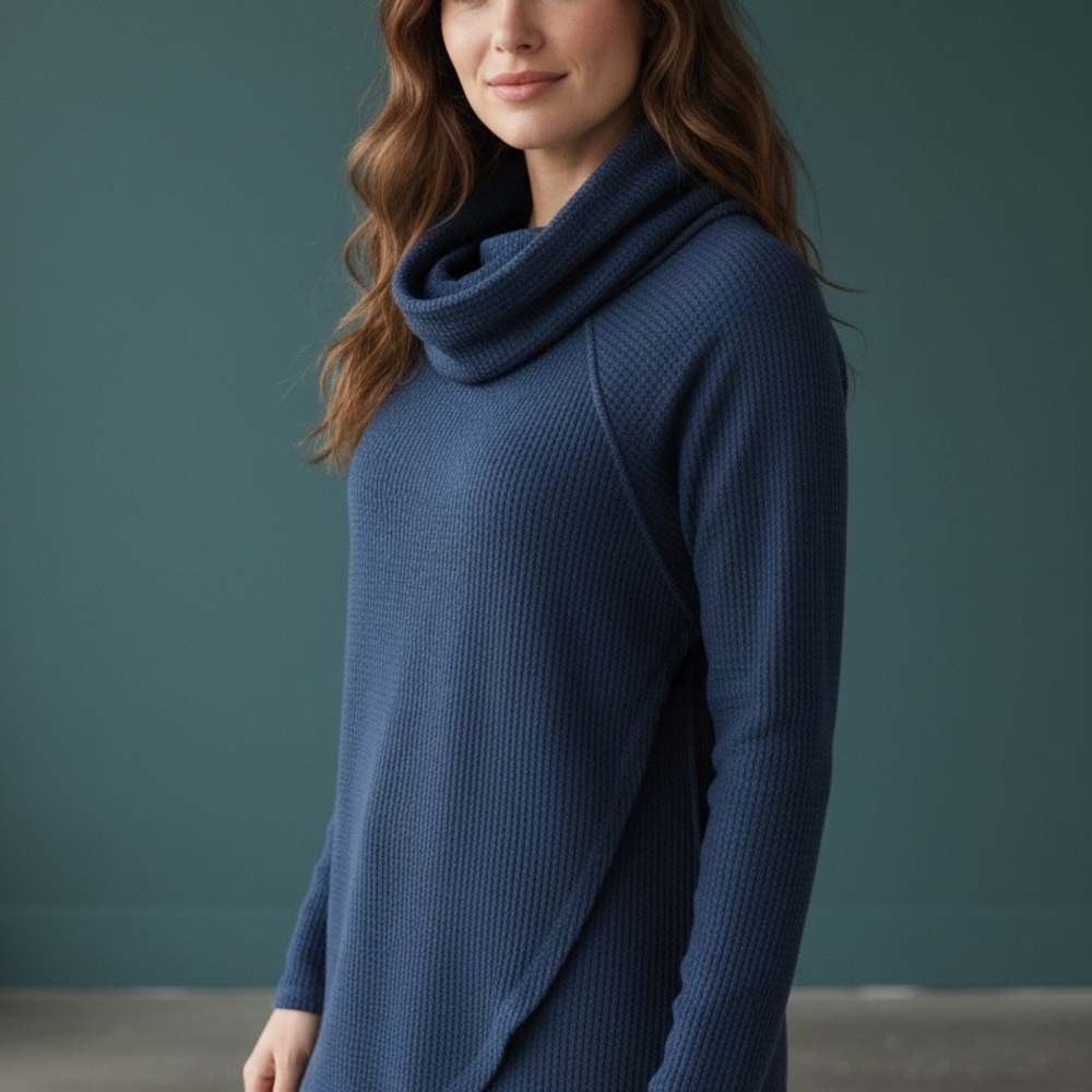Waffle Patterned 42pops  Blue Cowl Neck Top 1X